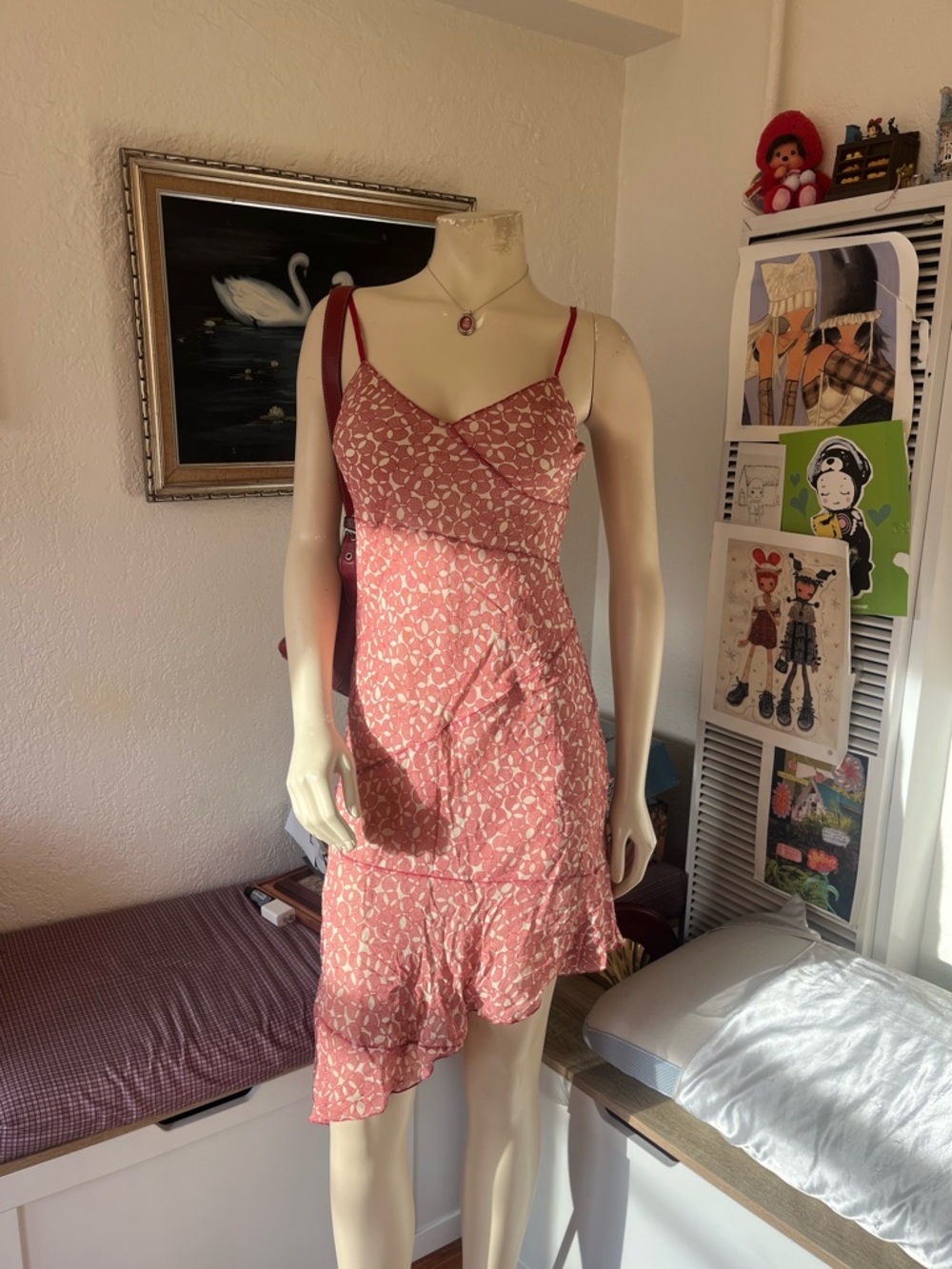 Women's 100% silk red/pink Floral Slip Dress